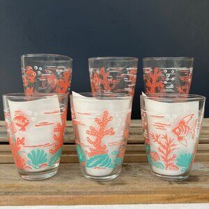 Libbey Turquoise & Coral Fish Themed Juice Glasses - Set of 6